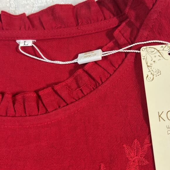 New! Komili romantic red embroidered ruffle neck puff sleeves feminine top L - Picture 4 of 9